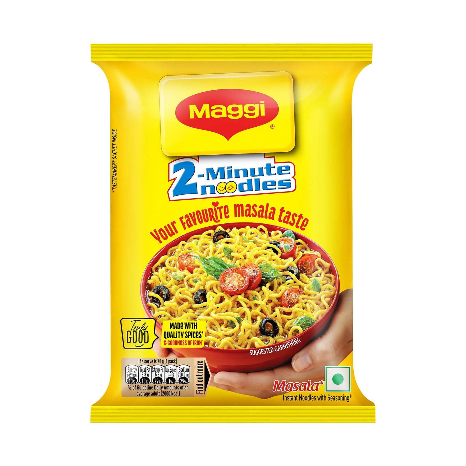 MAGGI 2-Minute Instant Noodles, Favourite Masala Taste, Masala Noodles With Goodness Of Iron, Made With Choicest Quality Spices, 70g/72g/75g Pouch (weight may vary)