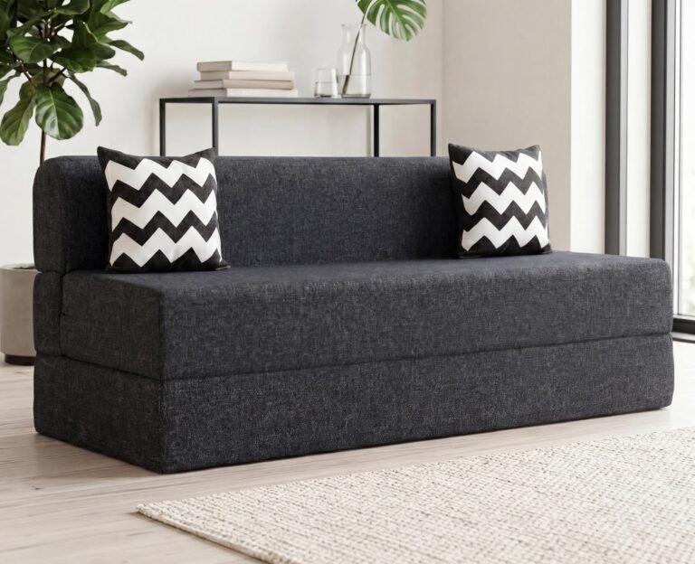 uberlyfe 3 Seater Sofa Cum Bed | 1 Year Warranty | Foldable Sofacum Bed | 15″ Sofa Height| 2 Cushions Zigzag Pattern |Jute Finish Fabric, Dark Grey | 6′ X 6′ Feet