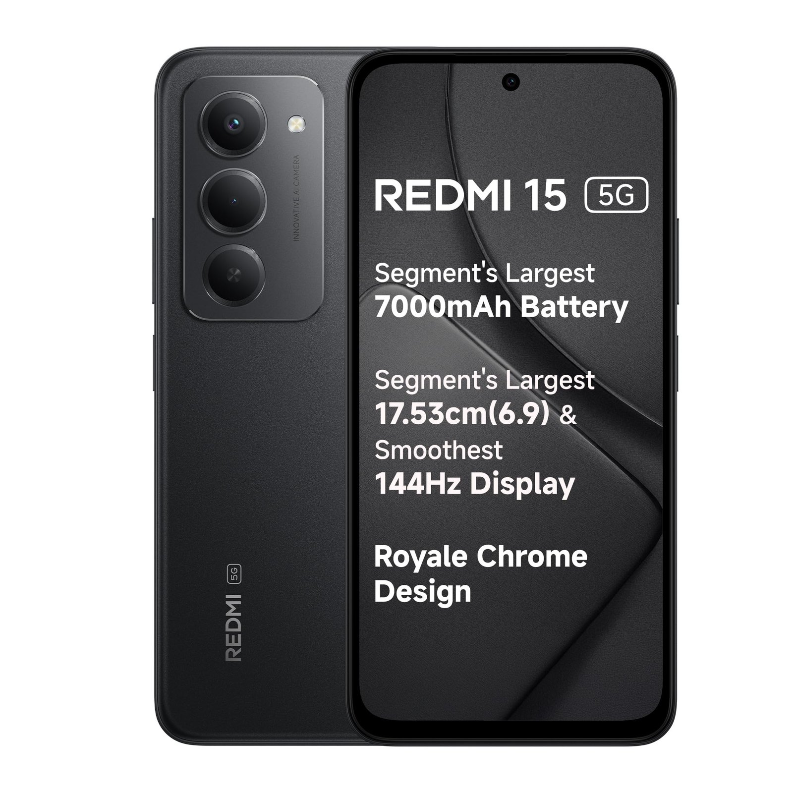 Redmi 15 5G Midnight Black 8GB + 256GB | Segment’s Largest 7000mAhA Battery | Segment’s Largest Display 17.53cm(6.9) Up to 144Hz | Snapdragon 6s Gen 3 | 18W Reverse Charging | 50MP AI Dual Camera