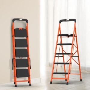 BonKaso Climb Easy 5 Step Heavy Duty Steel Folding Climbing Ladder for Home, Home & Office – with Safety Lock, Anti-Slip Wide Durable Plastic Steps, Support Handle & Tool Tray (Orange & Black)