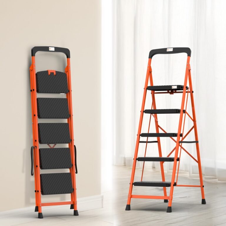 BonKaso Climb Easy 5 Step Heavy Duty Steel Folding Climbing Ladder for Home, Home & Office – with Safety Lock, Anti-Slip Wide Durable Plastic Steps, Support Handle & Tool Tray (Orange & Black)