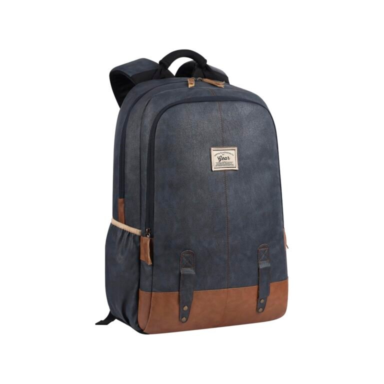 Gear Classic 18″/20L Faux Leather Water Resistant Anti Theft Laptop Bag | Office Backpack | Travel Backpack | Casual Backpack for Men/Women (Navy – Tan)