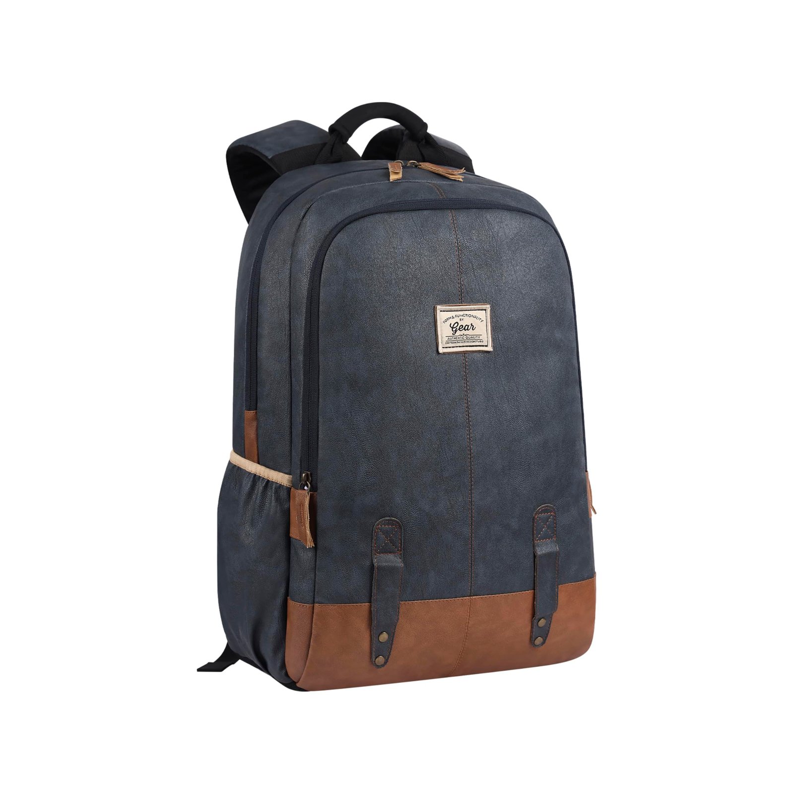 Gear Classic 18″/20L Faux Leather Water Resistant Anti Theft Laptop Bag | Office Backpack | Travel Backpack | Casual Backpack for Men/Women (Navy – Tan)
