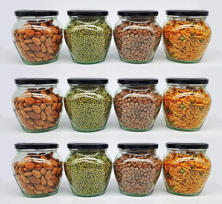 SITOVI Transparent Glass Jar and Container Air Tight Black Lid for Kitchen 400 ml Mataki Glass Jar with Airtight Metal Lid Pack of (12)