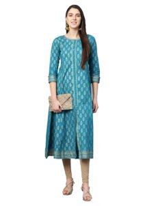 Yash Gallery Women’s Cotton Relaxed Fit Anarkali Plus Size Gold Printed Kurta