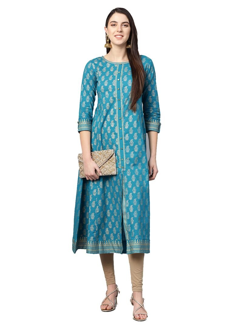 Yash Gallery Women’s Cotton Relaxed Fit Anarkali Plus Size Gold Printed Kurta
