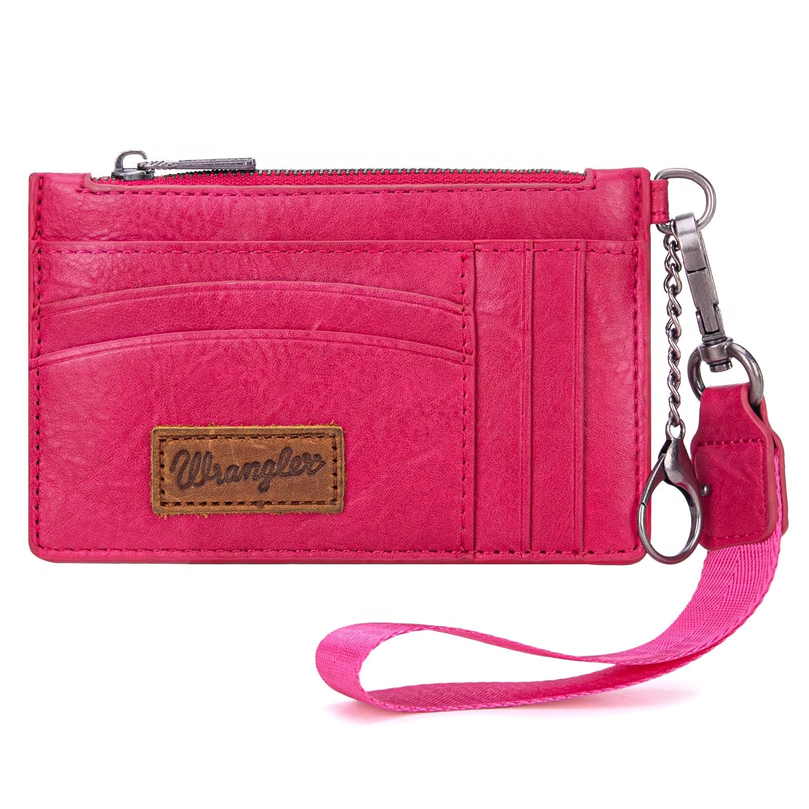 Montana West X Wrangler RFID Card Holder Slim Credit Card Wallet Womens Keychain Wallet with Wristlet Strap, A-Hot Pink, 5.71 inches x 3.74 inches x 0.39 inches, Western
