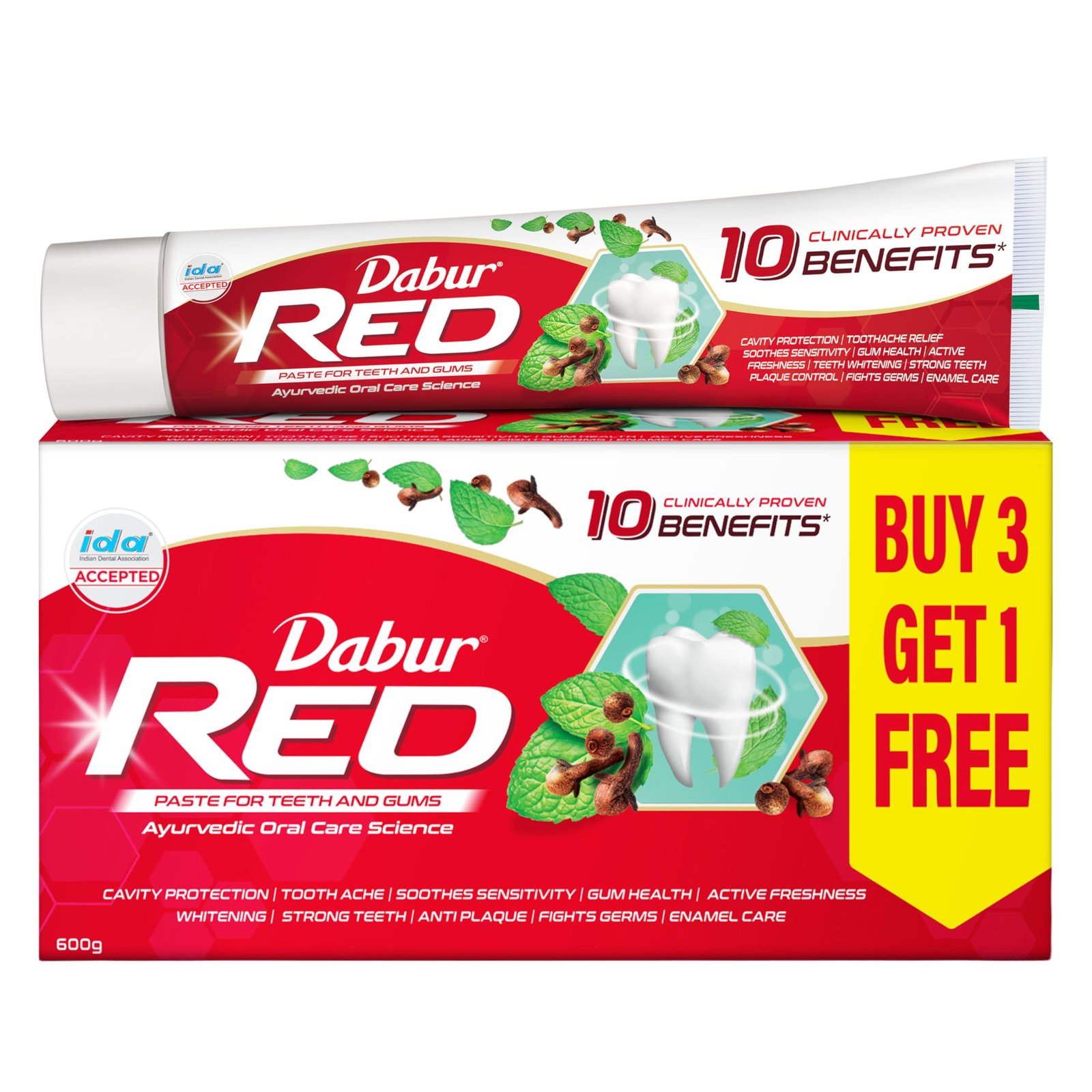 Dabur Red 600g (150g x 4, Pack of 4) Toothpaste – India’s No.1 Ayurvedic Paste, Provides Protection Plaque Removal, Toothache, Yellow Teeth, Bad Breath-