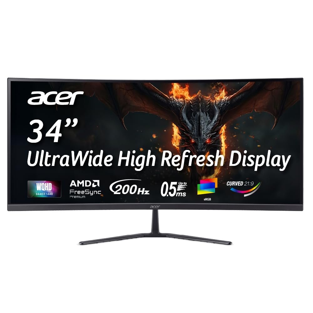 Acer Nitro ED340CUR X0 34 Inch UWQHD Curved Gaming Monitor | 3440×1440 VA Panel | 200Hz (DP) | 1ms VRB | AMD FreeSync Premium | HDR10 | 1500R | 2x HDMI 2.1 + DP 1.4 | Easy Tilt | Speakers | VisionCare