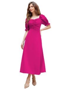 Shasmi Girl’s & Women’s Solid A-Line Ruched Puff Sleeve Maxi Long Evening One Piece Long Dress for Women Stylish (Dress 131)