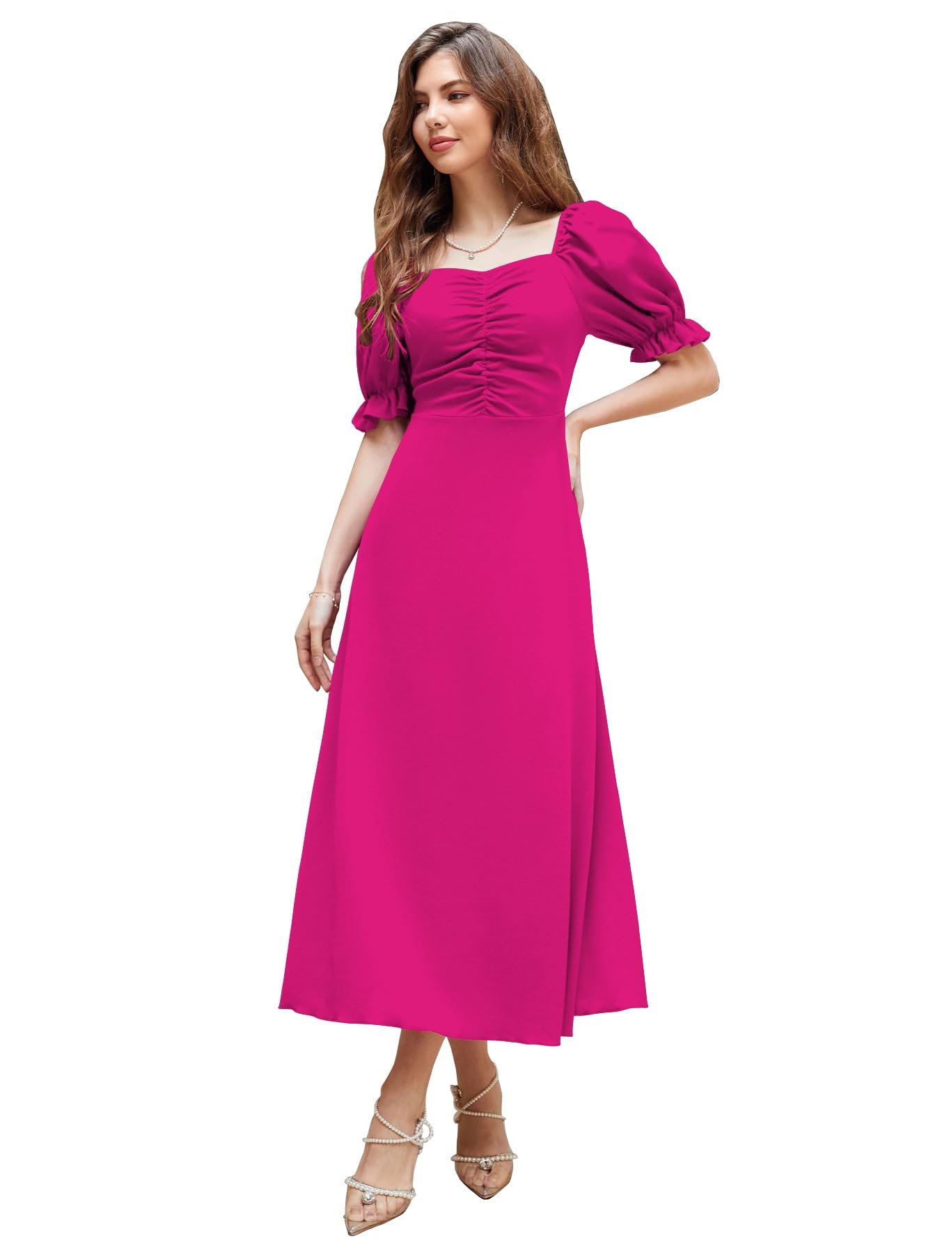 Shasmi Girl’s & Women’s Solid A-Line Ruched Puff Sleeve Maxi Long Evening One Piece Long Dress for Women Stylish (Dress 131)