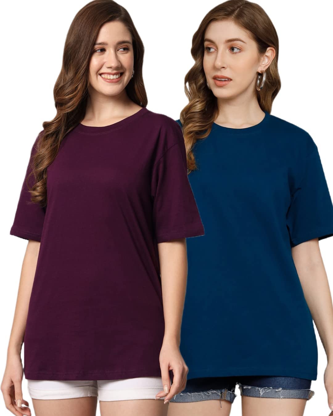 FUNDAY FASHION Cotton Short Sleeve Oversized T-Shirt for Women (Pack of 2)