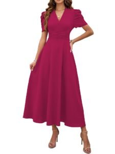 Shasmi Girl’s & Women’s Solid Color V-Neck A-Line Maxi Dress for Women | New Year Party Outfit | Waist Cinched Puff Sleeve Western | Elegant Casual Wear (Dress 246)