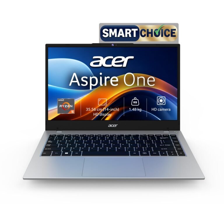 Acer Smartchoice Aspire One, AMD Ryzen 5-40, 8GB LPDDR5 RAM/ 512GB SSD, 14.0″/35.56cm WXGA Display, Win 11 Home, Pure Silver, 1.48KG, A114-43, Thin and Light Laptop