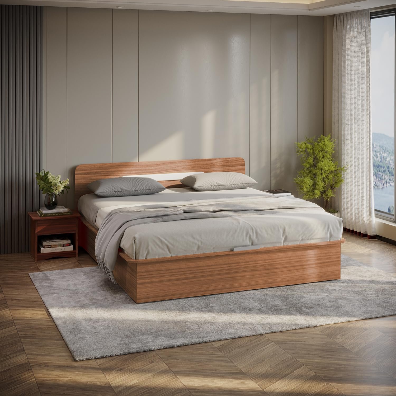 Interio by Godrej Bed, Juno Queen Size Engineered Wood Bed with Box Storage, 1-Year Warranty, Brown, Prelaminated Particle Board