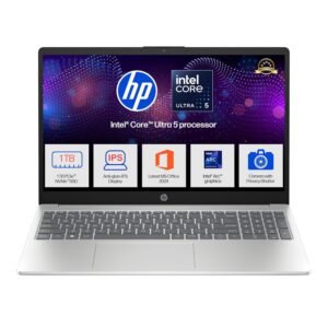 HP 15, Intel Core Ultra 5 125H (16GB DDR5, 1TB SSD) FHD, IPS, 15.6”/39.6cm, Win11, M365 Basic(1yr)*Office24, Silver, 1.65kg, fd1354TU, Intel Arc Graphics, FHD Camera w/Shutter, AI Powered Laptop