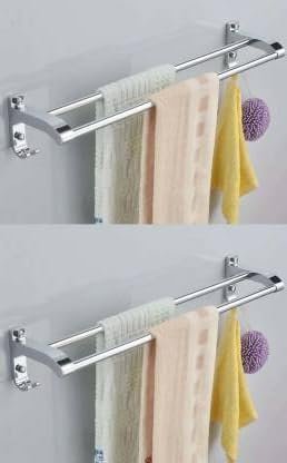 iSTAR Double Rod Towel Rod Silver Towel Holder (Stainless Steel) 24 inch Longer 2 Bar Towel Rod (Stainless Steel Pack of 2)
