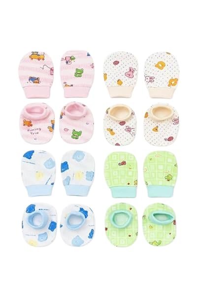 Khillayox New Born Baby Cotton Mittens and Booties Set | Soft Printed Gloves & Socks Combo for 0-6 Months | Unisex Multicolor Pack for Baby Boy & Girl