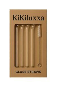 KiKiluxxa Glass Straws with Cleaning Brush -4 Transparent Straws & 1 Cleaner – Pack of 5pcs- Clear Reusable, Elegant Alternate to for Drinking Juice, Smoothie (6GR4+1)