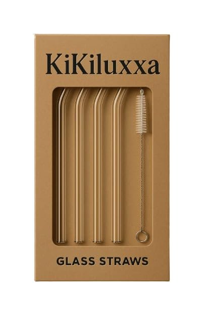 KiKiluxxa Glass Straws with Cleaning Brush -4 Transparent Straws & 1 Cleaner – Pack of 5pcs- Clear Reusable, Elegant Alternate to for Drinking Juice, Smoothie (6GR4+1)