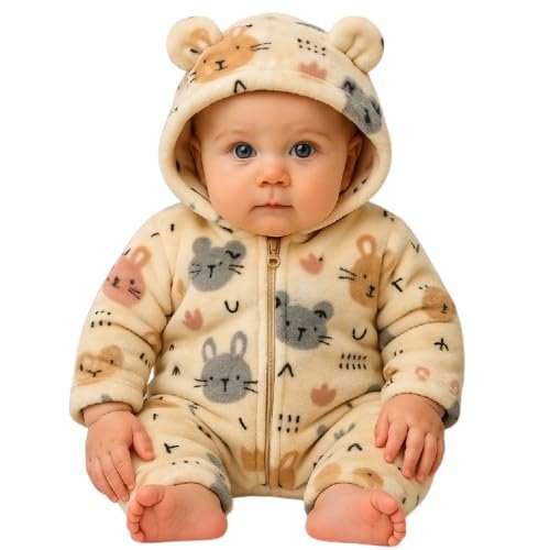 Unisex Baby Winter Flannel Jumpsuit Hooded Romper Snowsuit Printed Outwear