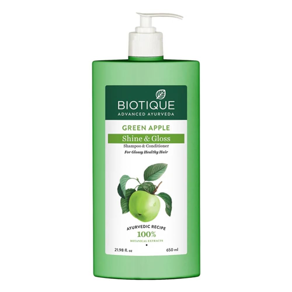 Biotique Green Apple Shine & Gloss Shampoo & Conditioner| Promotes Healthy, Shiny and Glossy Hair | Nourishes Scalp | Makes Hair Soft & Smooth |100% Botanical Extracts| All Skin Types | 650ml