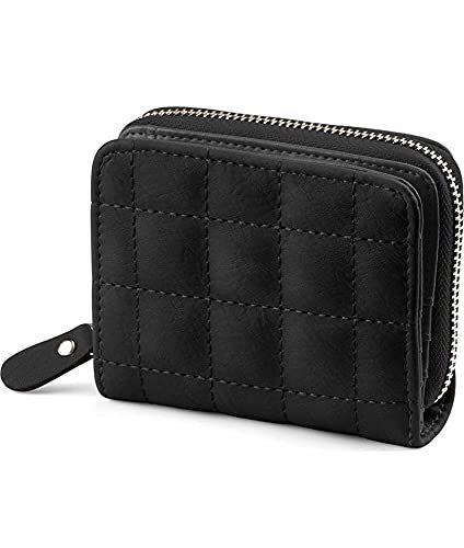 SYGA PU Leather Mini Zipper Wallet for Women, Black – Checked Pattern