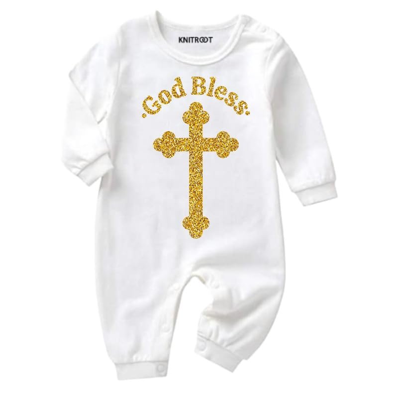 KNITROOT Baptism Special, God Bless, Onesies, Unisex Baby Kids Cotton Full Sleeve White Rompers, Sleepsuit, Bodysuit, 0-12 Months, Infant Cloths for Boys & Girls