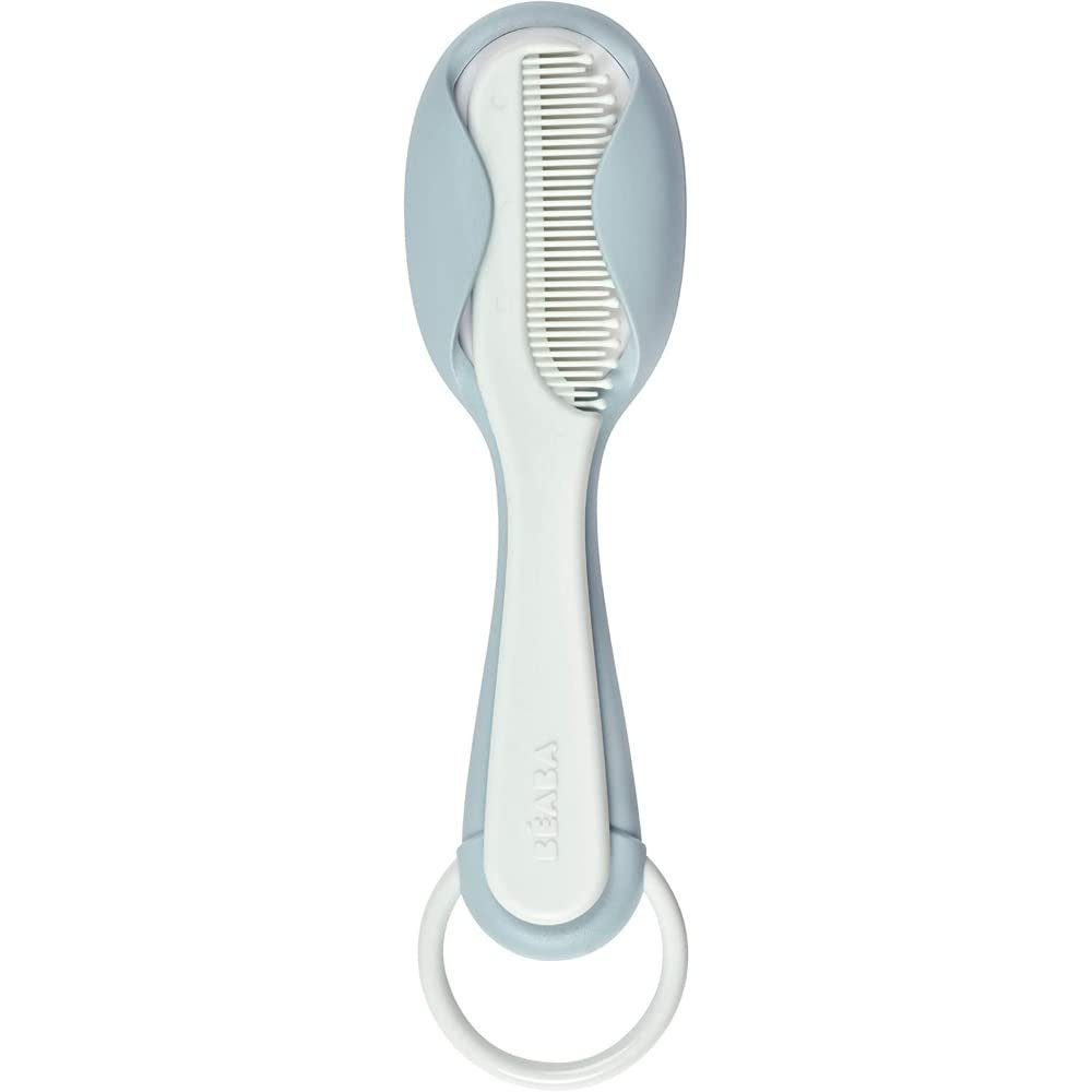 Beaba Baby Brush & Comb Set for Newborns & Toddlers, Soft Bristle Hair Brush & Gentle Comb with Ergonomic Easy-Grip Handles,Baby Grooming Kit & Hair Care Accessory, 0m+, Green Blue