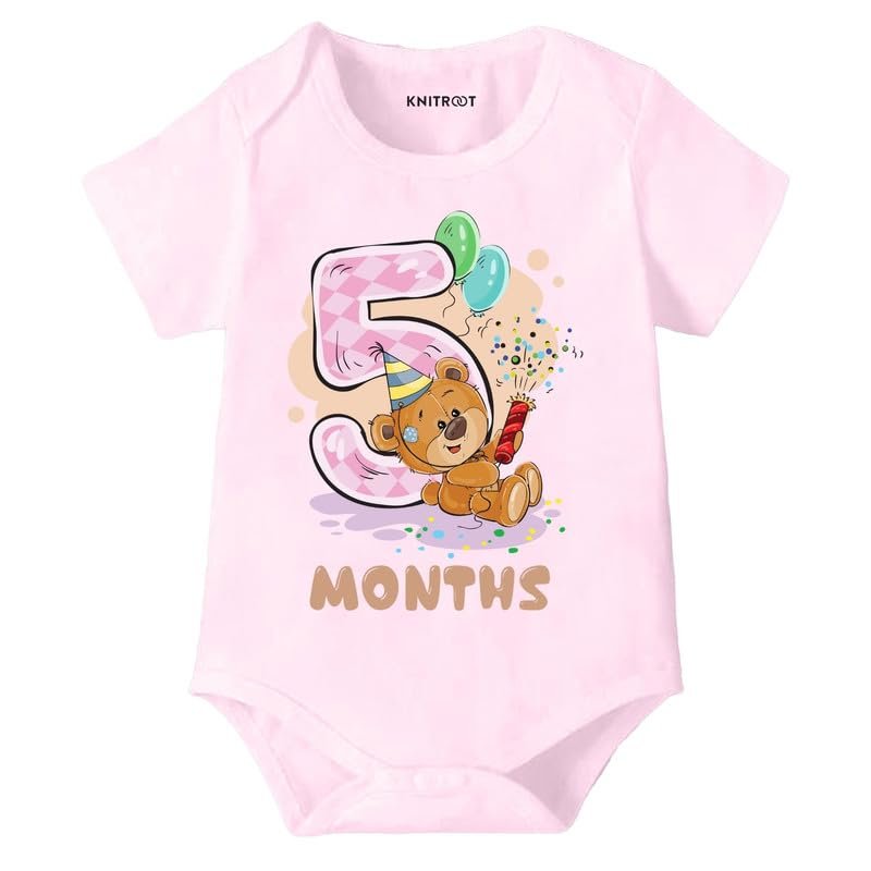 Knitroot Monthly Birthday Teddy Special, Newborn Baby Half Sleeve Unisex Romper, Onesies, Sleepsuit, Body Suit, Envelope Neck, 1 to 12 Months Print, 0-12 Months, Infant Cloth for Boys & Girls