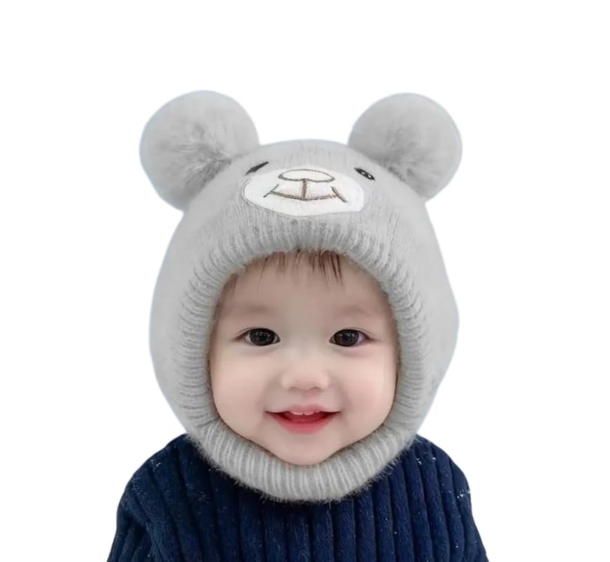 Baby Beanie Hat, Cute Warm Toddlers Winter Hat, Double Pom Pom Beanies for Boys & Girls Woolen Knitted Monkey Cap | Age 1-8 Yrs