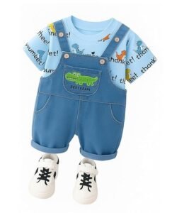 Bold N Elegant Soft Dinosaur Cartoon Denim Bibshorts Dungaree with Printed Tshirt Dungri Jumper for Baby Boy Girl Kids