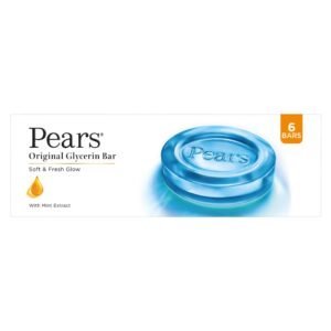 Pears Original Glycerin Soap Bar – Soft & Fresh Glow | With 98% Pure Glycerin & Mint Extract | For a Fresh Glow | With Plant Based Cleanser for Skin & Body | Paraben-free | 125 gms x 6