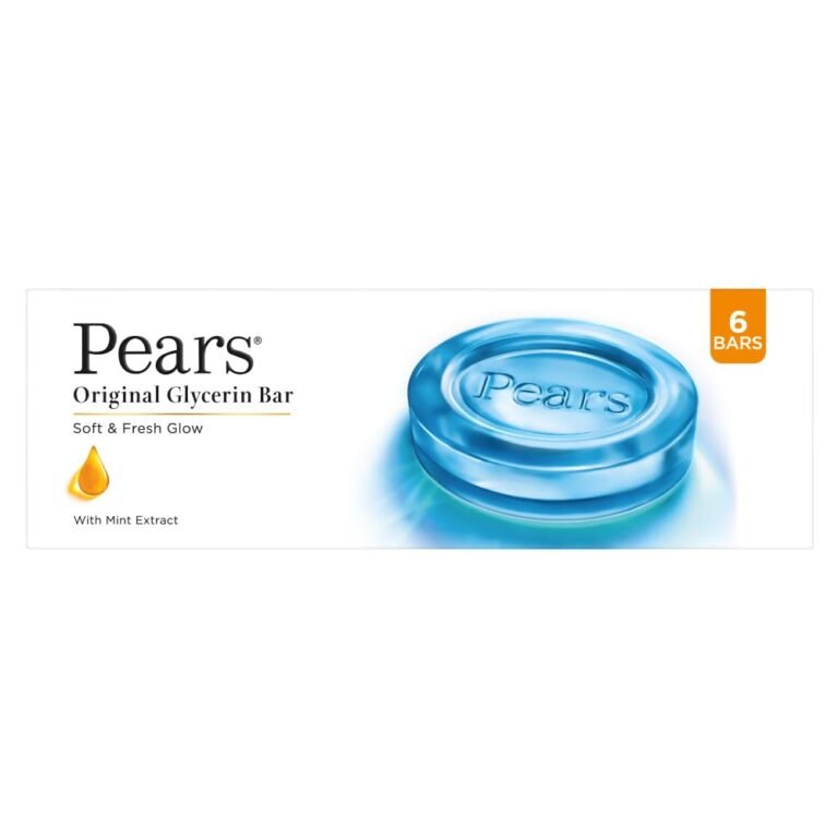Pears Original Glycerin Soap Bar – Soft & Fresh Glow | With 98% Pure Glycerin & Mint Extract | For a Fresh Glow | With Plant Based Cleanser for Skin & Body | Paraben-free | 125 gms x 6