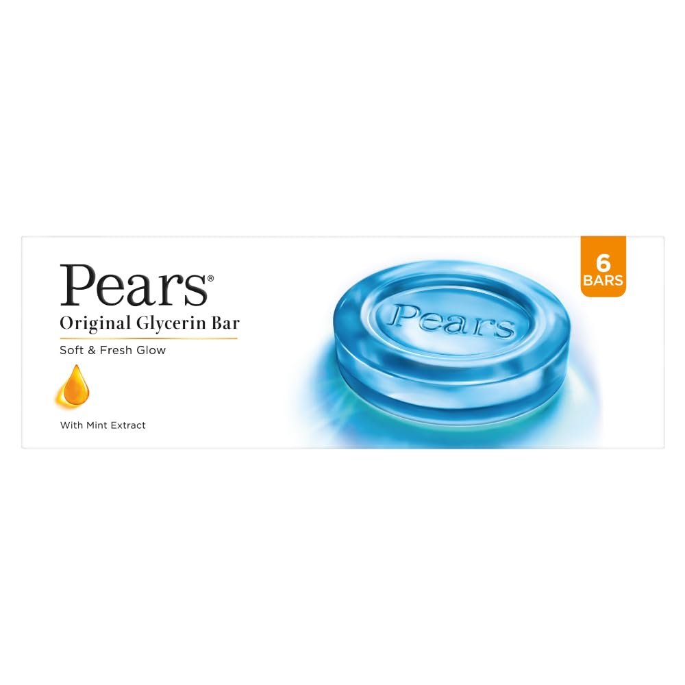 Pears Original Glycerin Soap Bar – Soft & Fresh Glow | With 98% Pure Glycerin & Mint Extract | For a Fresh Glow | With Plant Based Cleanser for Skin & Body | Paraben-free | 125 gms x 6