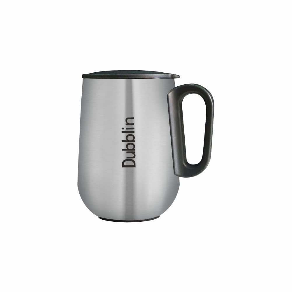 DUBBLIN Rugby Stainless Steel Unbreakable Tea Coffee Mug Double Wall with Handle and Lid, Wide Mouth Mug Keeps Beverages Hot & Cold 270 ML Silver