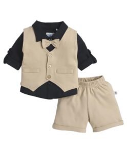 BUMZEE Boys Regular Fit Full Sleeves Collar Neck Cotton Shirt Waistcoat & Short Set With Applique Bow