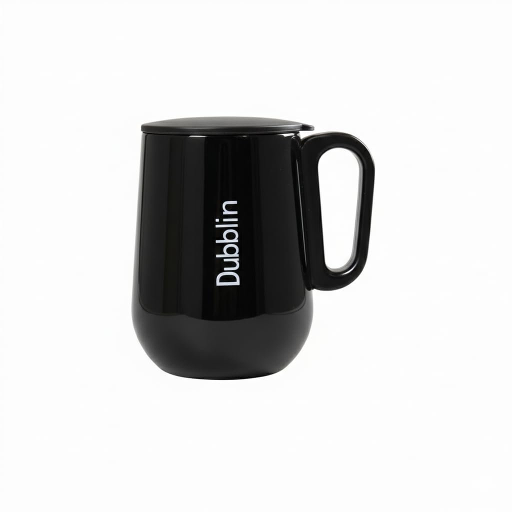 DUBBLIN Rugby Stainless Steel Unbreakable Tea Coffee Mug Double Wall with Handle and Lid Wide Mouth Keeps Beverages Hot & Cold 270 ML Black