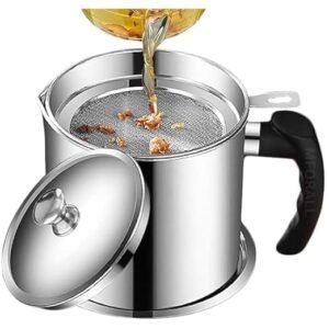 Stainless Steel Oil Filter Pot with Fine Mesh Strainer, Reusable Cooking Oil Storage Container with Lid and Handle, Kitchen Oil Strainer Pot for Filtering and Reusing Frying Oil