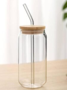 SKDBPM Ice Juice Drinks Glass Mug with Straw for Milk/Coffee/Green Tea Cup Set of 1-510ml Transparent Printed Can Shape Cup (Pack of 1) (Wooden LID CAN)