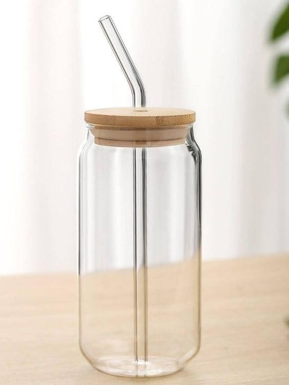 SKDBPM Ice Juice Drinks Glass Mug with Straw for Milk/Coffee/Green Tea Cup Set of 1-510ml Transparent Printed Can Shape Cup (Pack of 1) (Wooden LID CAN)