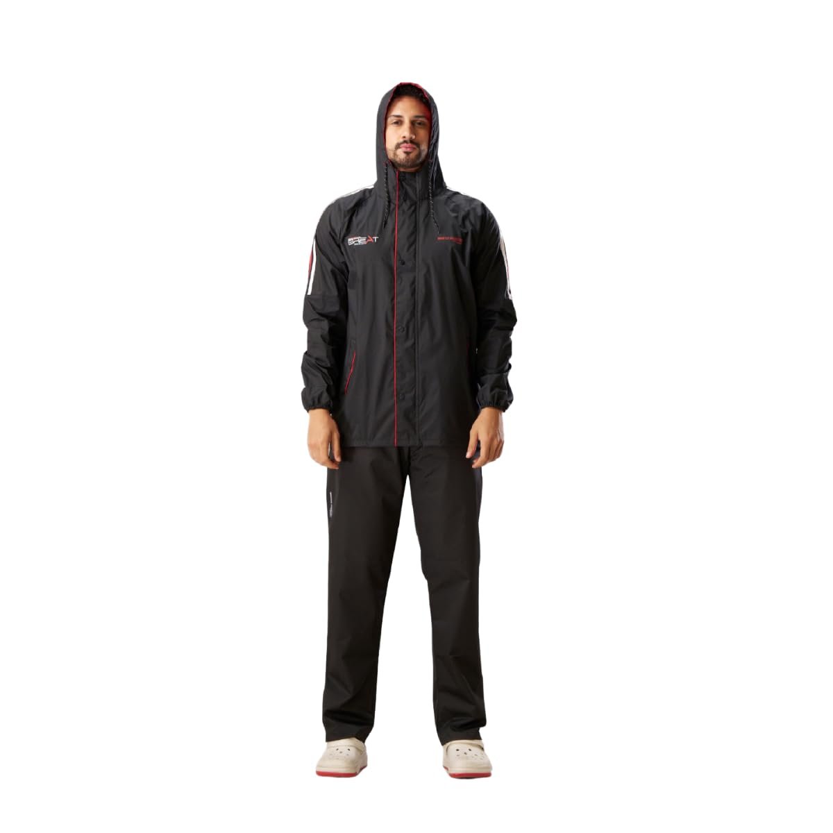 ZEEL Rain Coat for Men Waterproof for Bike Riders with Adjustable Hood and Pocket,Waterproof Raincoat with Polyester Jacket,Pants and Carrying Pouch,AZ07 Black-Red XL