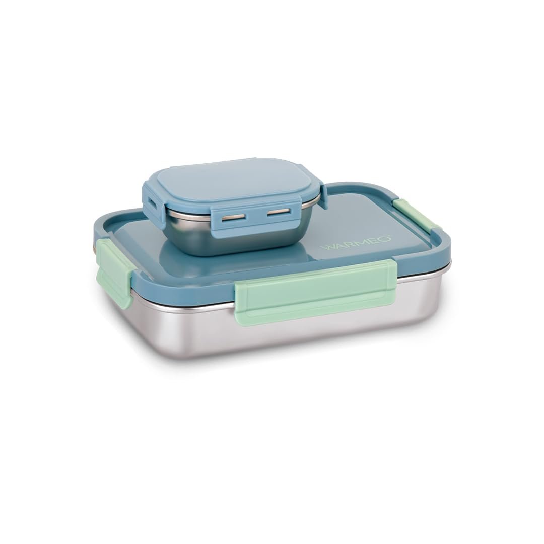 WARMEO Carnival Stainless Steel Airtight Leak-Proof Lunch Box, Light Weight, Easy to Clean, Perfect for Office, School, Picnic & Travelling, Set of 2 (1000ml+150ml) Blue & Mint