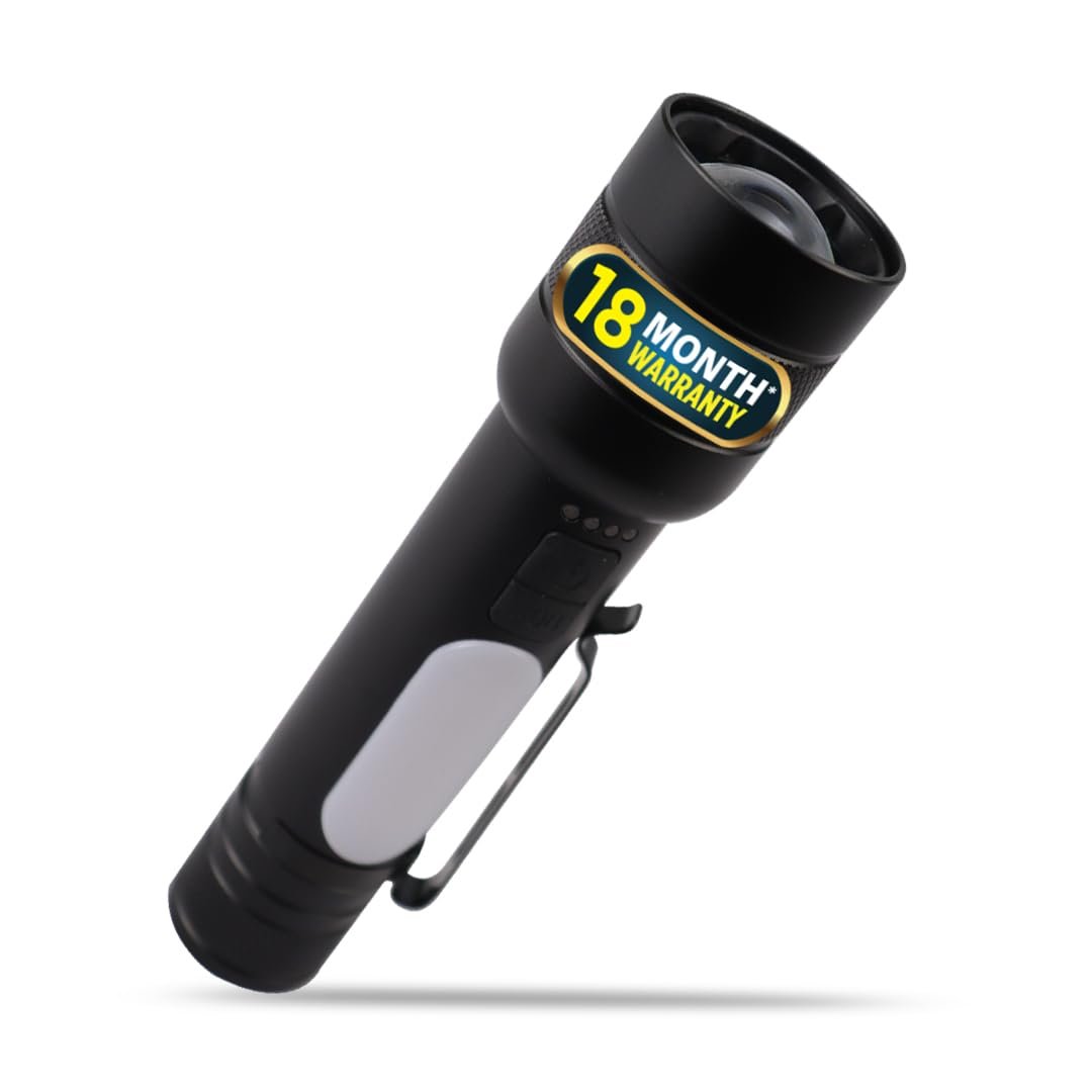 IBELL FL8375S Rechargeable Torch, Powerbank Function, Aircraft Aluminum Body, Telescopic Zoom, Water Resistant Flashlight with Multiple Light Modes (Black) LED