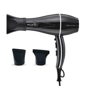 Ikonic Professional Pro 2100+ Hair Dryer 2000 Watts, Black, 3 Heat And 2 Speed Settings, Cool Shot, Low Noise Function Interchangeable Nozzles, Professional Styling, For Both Men And Women, Suitable For All Hair Types, 1 Yr Warranty Black