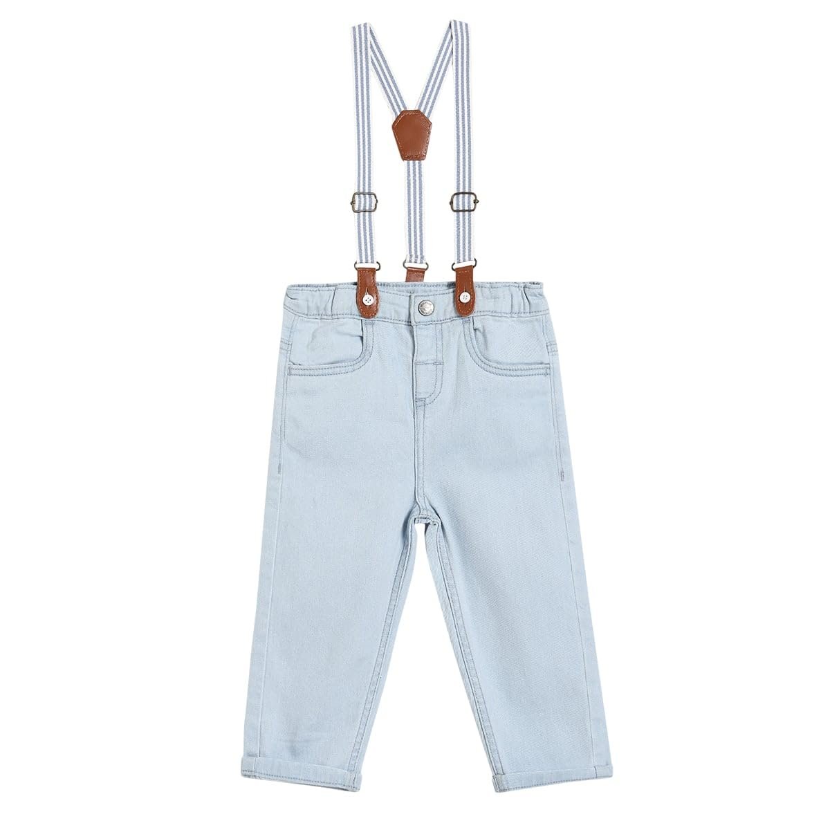 miniklub Cotton Solid Denim Pant With Suspender,Pack of 1,Blue
