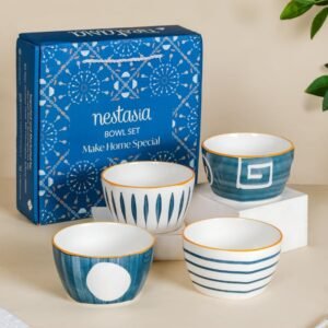 Nestasia 350ml Ceramic Bowl Set of 4, Microwave & Dishwasher Safe, BPA & Lead-Free Snack & Soup Bowls, Elegant White & Blue Crockery Set for Gift, Everyday Serving & Dining