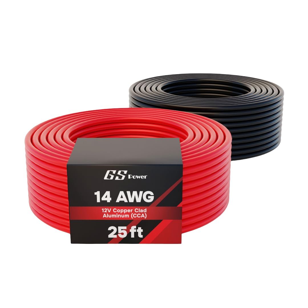 GS Power 14 AWG (True American Wire Gauge) CCA Copper Clad Aluminum Primary Wire 25 ft Red & 25 ft Black. For Car Audio Speaker Amplifier Remote Trailer Harness wiring (Also Available in 16 & 18 Ga)