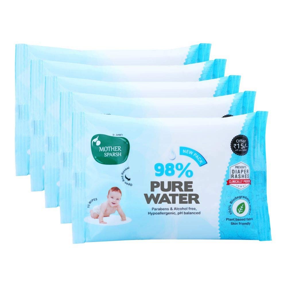 Mother Sparsh Cotton Scented 98% Water Plant Fabric, Biodegradable Wipe (Blue, 15 Wipes) – Pack of 5
