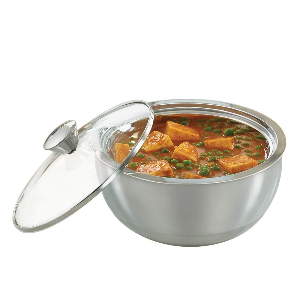 Borosil Stainless Steel Insulated Curry Server | Thermal Food Casserole with Double Wall Insulation | Keeps Food Hot & Fresh | Durable Dinner Serveware (900 ml)